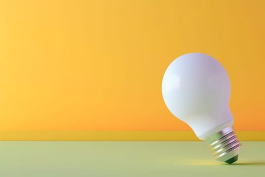 White LED light bulb on yellow background, copy space. AI generated