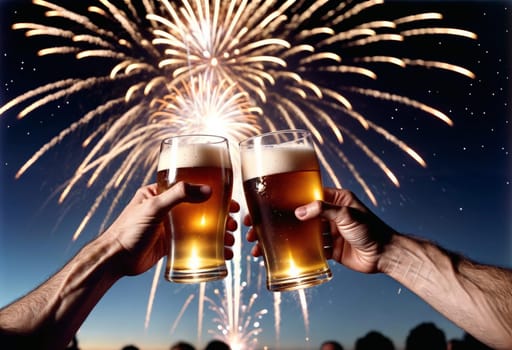 AI generated of two people toasting with beer glasses over fireworks