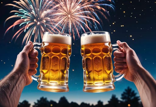 AI generated of two people toasting with beer glasses in front of a fireworks display
