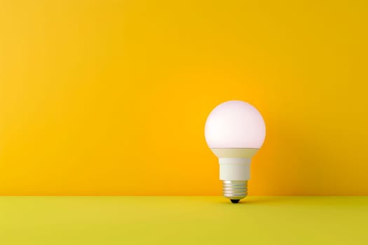 White LED light bulb on yellow background, copy space. Idea and innovation. AI generated