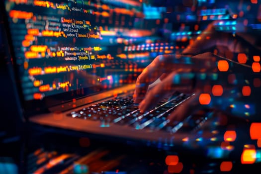 Double exposure composition. Hands of software engineer coding on laptop computer with technology interface. Software technology development concept. AI generated