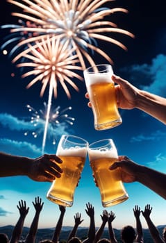 AI generated of hands clinking glasses of beer at a party