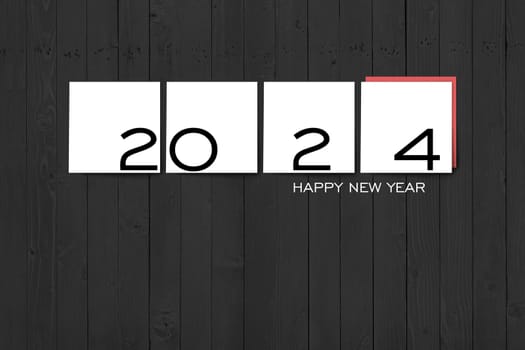 2024 Happy New Year Concept, Texts on White Square Labels on Grey Wall Texture