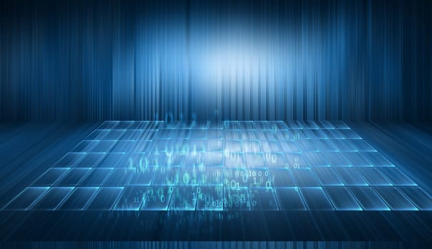 Cyberspace data room, futuristic high tech enclosed studio backdrop. 3d illustration