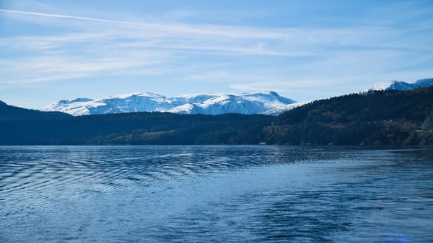 Norwegian fjord landscape. Blue water overlooking mountains with snow-covered peaks. Scandinavian nature from the north