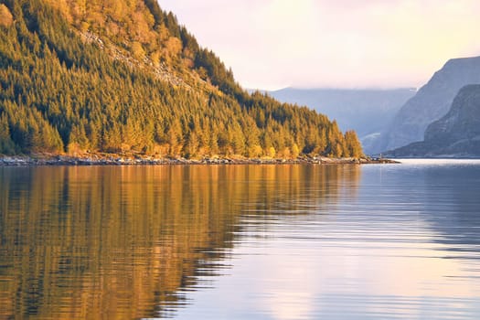 Fjord with mountains on horizon. Small cottages on the coast between stones, trees and meadow. Water glistens in the sun in Norway. Landscape photo