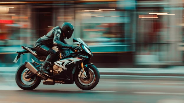 Biker with a motorcycle on a city street in motion blur. AI generated
