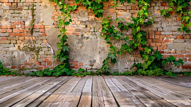 Wooden floor with old brick wall covered with ivy plants. AI generated