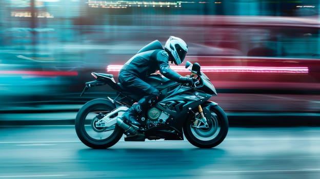 Motorcyclist riding fast on modern sport motorbike at city street. Concept of freedom and adventure. AI generated