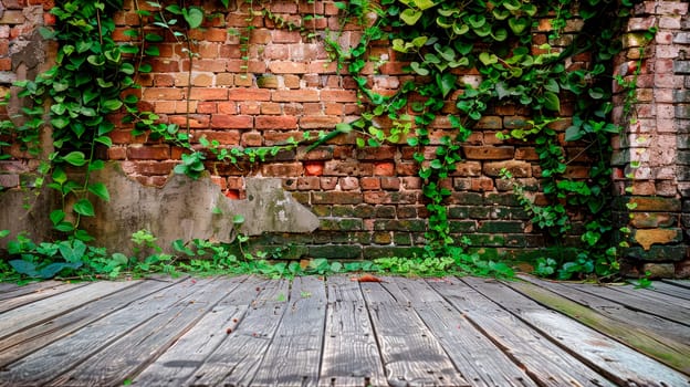 Wooden floor with old brick wall covered with green ivy. AI generated