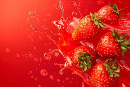 Fresh strawberries in splashes of red juice on a red background. Close-up view. AI generated