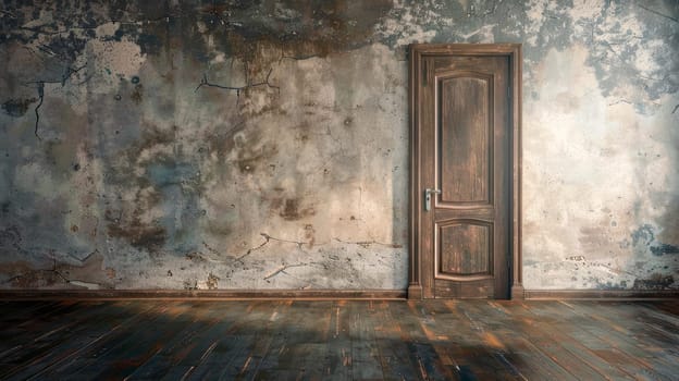 Old concrete wall, wooden floor and a vintage door. Copy space. AI generated