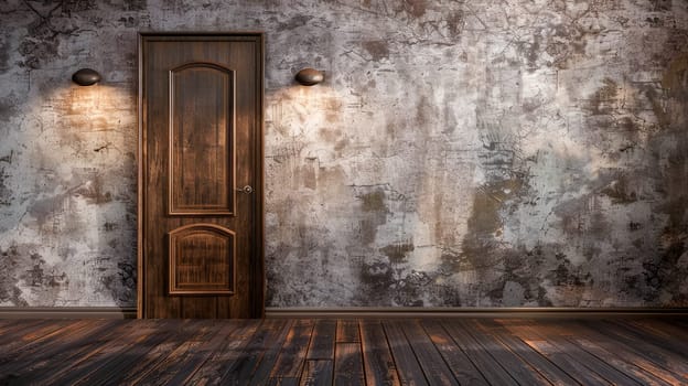 Old concrete wall, wooden floor and a brown vintage door. Copy space. AI generated