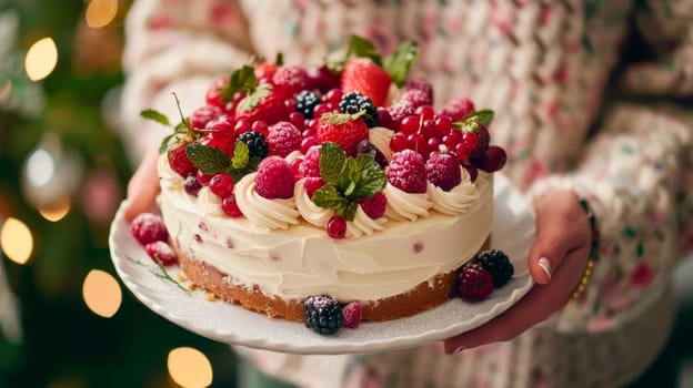 Woman holding homemade cake. Celebrates holiday at home. AI generated