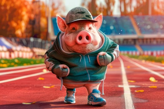 A cute pig wearing a sports clothes, sport shoes and standing on the stadium jogging track. Starting new healthy life. AI generated