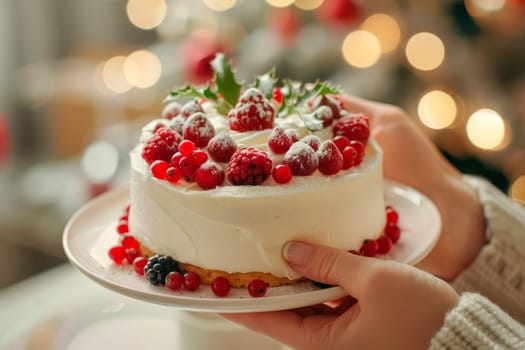 Woman holding homemade Christmas cake. Celebrates holiday at home. AI generated