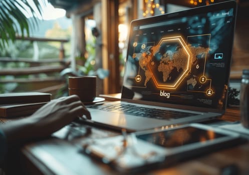 A user engages with a laptop displaying an interactive global network graphic, indicative of connectivity and online business