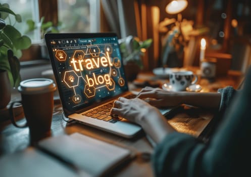A cozy scene where an individual is typing on a laptop with a travel blog graphic, suggesting they are writing or reading about travel