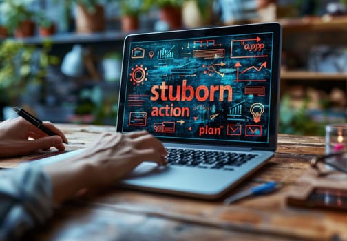An individual is using a laptop displaying bold graphics with the word 'stubborn' highlighted, suggesting themes of determination and strategy