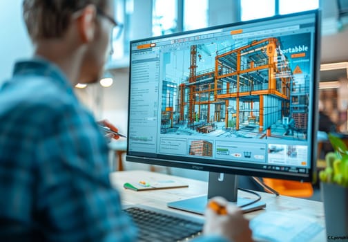 An individual is seen working on a construction project design using specialized computer software in an office setting