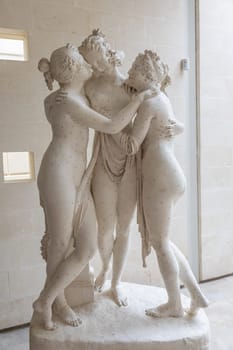 Possagno, Italy - 30 April 2024. The Three Graces plaster model by Antonio Canova, 1813. The marble statue is located in Hermitage Museum, St. Peterburg, Russia.