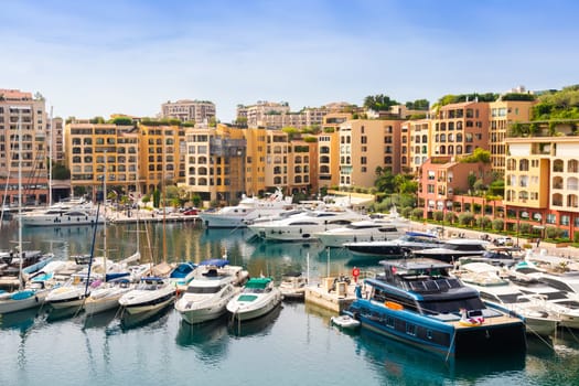 Fontvieille harbour, Monte Carlo - 17 August 2023: cityscape with yachts of the second port of Montecarlo