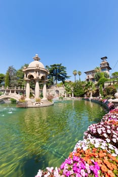 Imperia, Italy - 14 August 2023: Villa Grock - Grock's Italian mansion with garden, fountain, beautiful summer