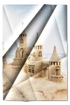 Creative picture of sendcastles on a sunny beach with blue sky. Concept of leisure, holiday, vintage nostalgia memory