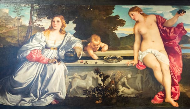 Rome, Italy - 28 December 2023: Borghese Gallery, Sacred and profane love - Amor sacro e amor profano - by Tiziano, 1514 circa