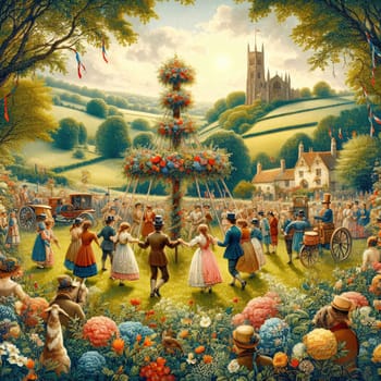 Traditional May Day celebrations around Maypole. English vintage historical theme.
