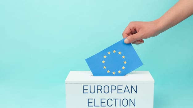 EU election, ballot box, european union flag, blue and yellow stars, citizens of Europe voting Parliament