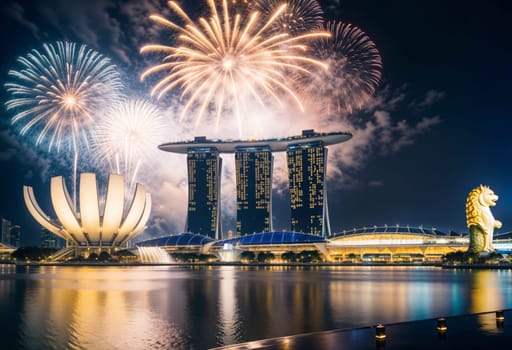 AI generated of fireworks over merlion and marina bay sands singapore at night