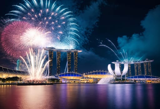 AI generated of fireworks over marina bay at night