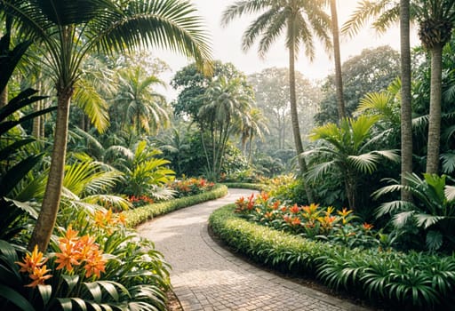 AI generated of a pathway surrounded by tropical plants and flowers