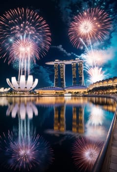 AI generated of fireworks explode in the night sky over marina bay sand in singapore