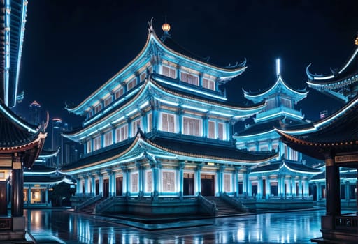 AI generated of a chinese temple lit up at night in singapore