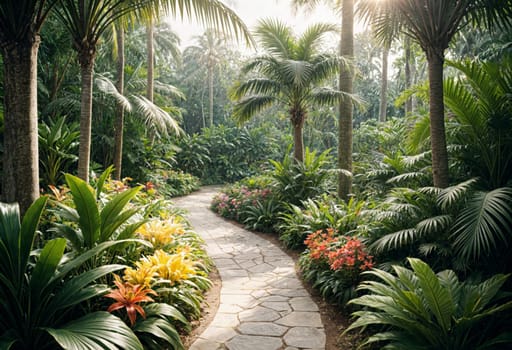 AI generated of a pathway through a tropical garden with palm trees