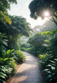 AI generated of a pathway through a lush green jungle with trees and plants