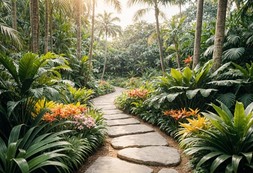 AI generated of stone path in tropical garden with flowers and palm trees