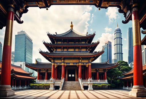 AI generated of a chinese temple with tall columns and a tall building in the background