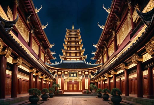 AI generated of a chinese building with a pagoda at night