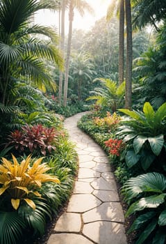 AI generated of a stone path surrounded by tropical plants
