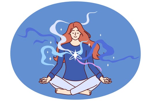 Concentrated woman meditating with closed eyes sitting cross-legged on floor and doing yoga lotus pose. Girl does yoga enjoying spiritual practices that open chakras and attract harmony
