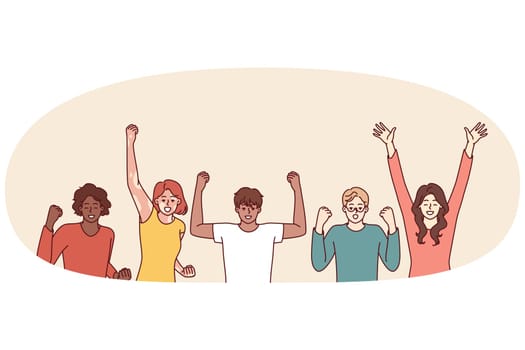 Delighted diverse people making victory gestures with hands enjoying joint success. Team of emotional people in casual clothes celebrating common victory or completion of difficult project