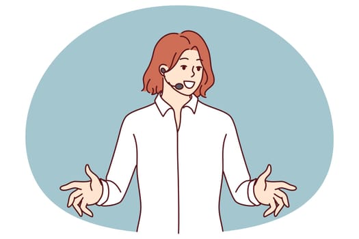 Business coach woman with public speaking headset leads training giving tips for success and self-confidence. Girl leading corporate business training and coaching motivating company employees