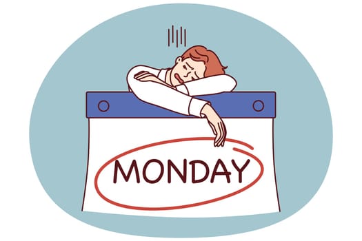 Man sleeps leaning on giant calendar with inscription Monday feeling burned out due to high intensity work. Concept burnout associated with tight deadlines and workaholism entailing health problems