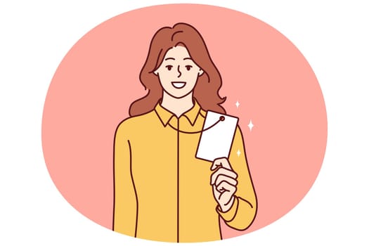 Successful woman demonstrates badge or ID card hanging around neck and giving access to restricted office space. Girl office worker with corporate designed to identify corporation employees