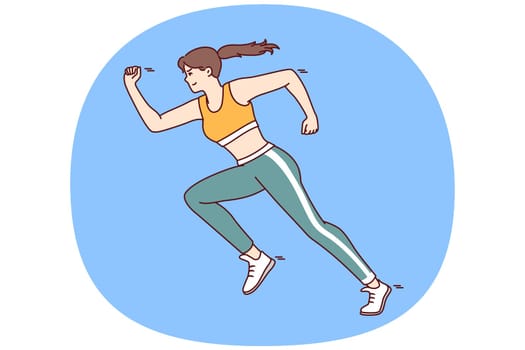 Purposeful woman runner in sportswear overcomes distance wishing to set Olympic record in running. Girl runner does cardio training or competes in sprint marathon to arrive first at finish line
