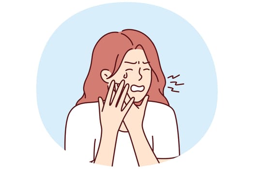 Woman suffering from toothache crying holding cheek needs help from qualified dentist from dental clinic. Girl is experiencing toothache due to inflammation of gums or stomatitis and caries