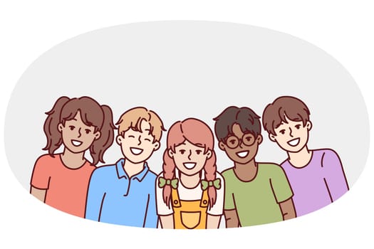 Happy diverse children students in junior school smiling rejoicing at opportunity to communicate with friends. Children teenagers of different races and nationalities laugh enjoying communication